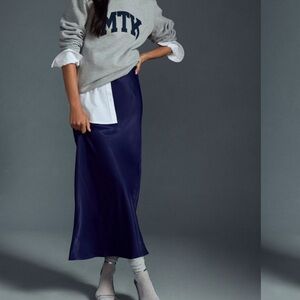 Anthropologie Deep Blue Satin Maxi Skirt